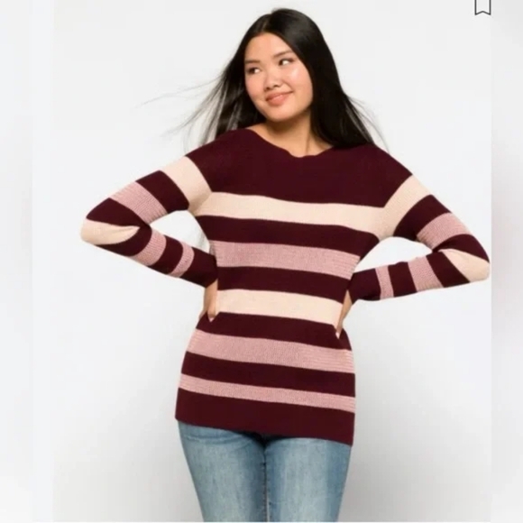 Nwt Market & Spruce Women's Plus Tawnee Waffle Stitch Sweater Cream Burgundy - Picture 1 of 6